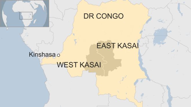 Карта, показывающая Восток и Запад Касаи в ДР Конго