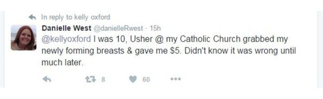 Твитт читает: мне было 10 лет, Ашер @, моя католическая церковь схватила мою новообразованную грудь & дал мне 5 долларов. Не знал, что это было неправильно, намного позже