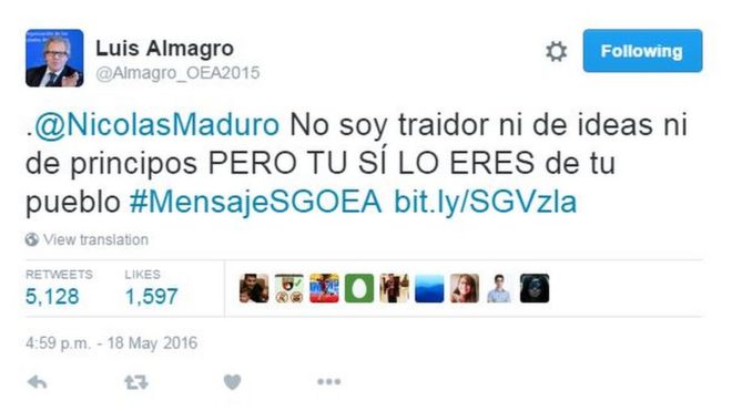 Твиттер-сообщение Луиса Альмагро с текстом @NicolaMaduro. Я не предатель ни своих идей, ни своих принципов, НО ТЫ ТРАЙТОР своих людей