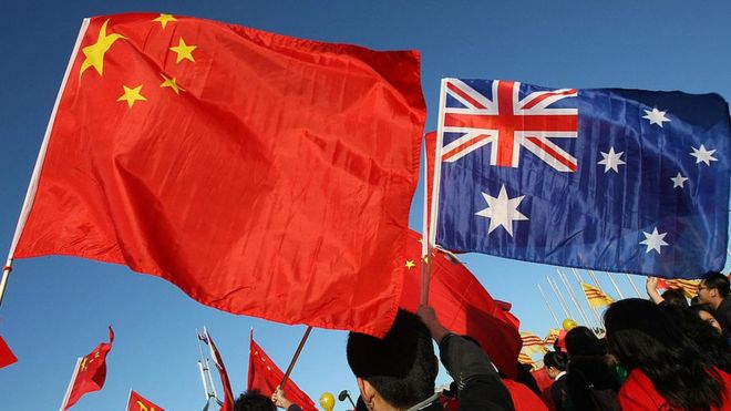 Banderas de China y Australia, Juegos Olímpicos de Pekín 2008.