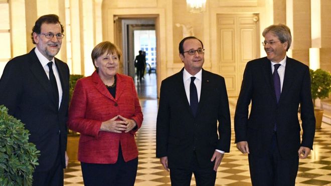 Версальский саммит: (L-R) премьер-министр Испании Мариано Рахой, канцлер Германии Ангела Меркель, президент Франции Франсуа Олланд и премьер-министр Италии Паоло Джентилони