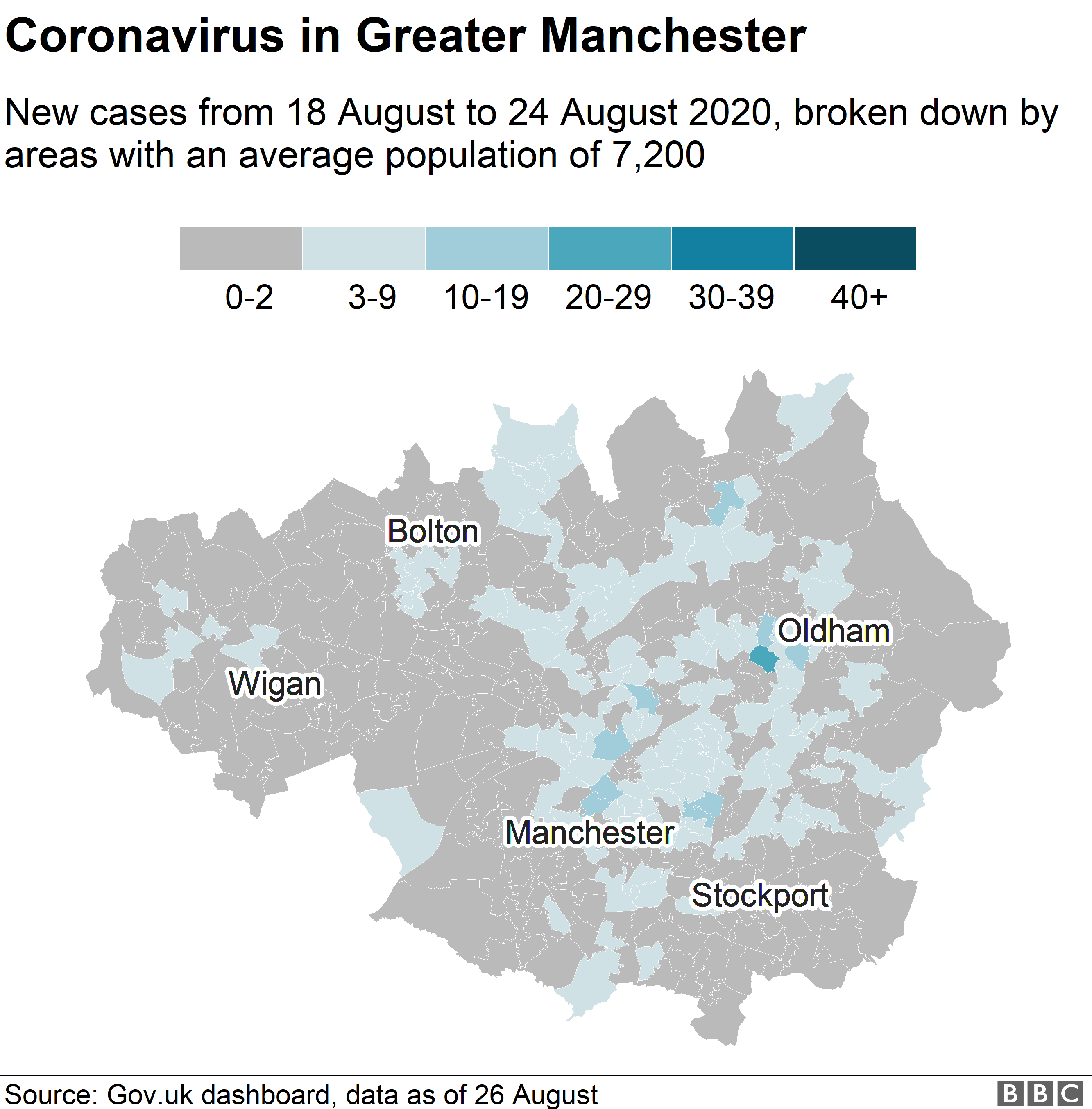 Карта, показывающая случаи в районах Большого Манчестера