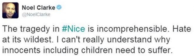 Твит от пользователя NoelClarke гласит: трагедия в Ницце непостижима. Ненавижу в самом диком виде. Я не могу понять, почему невинные, в том числе дети, должны страдать