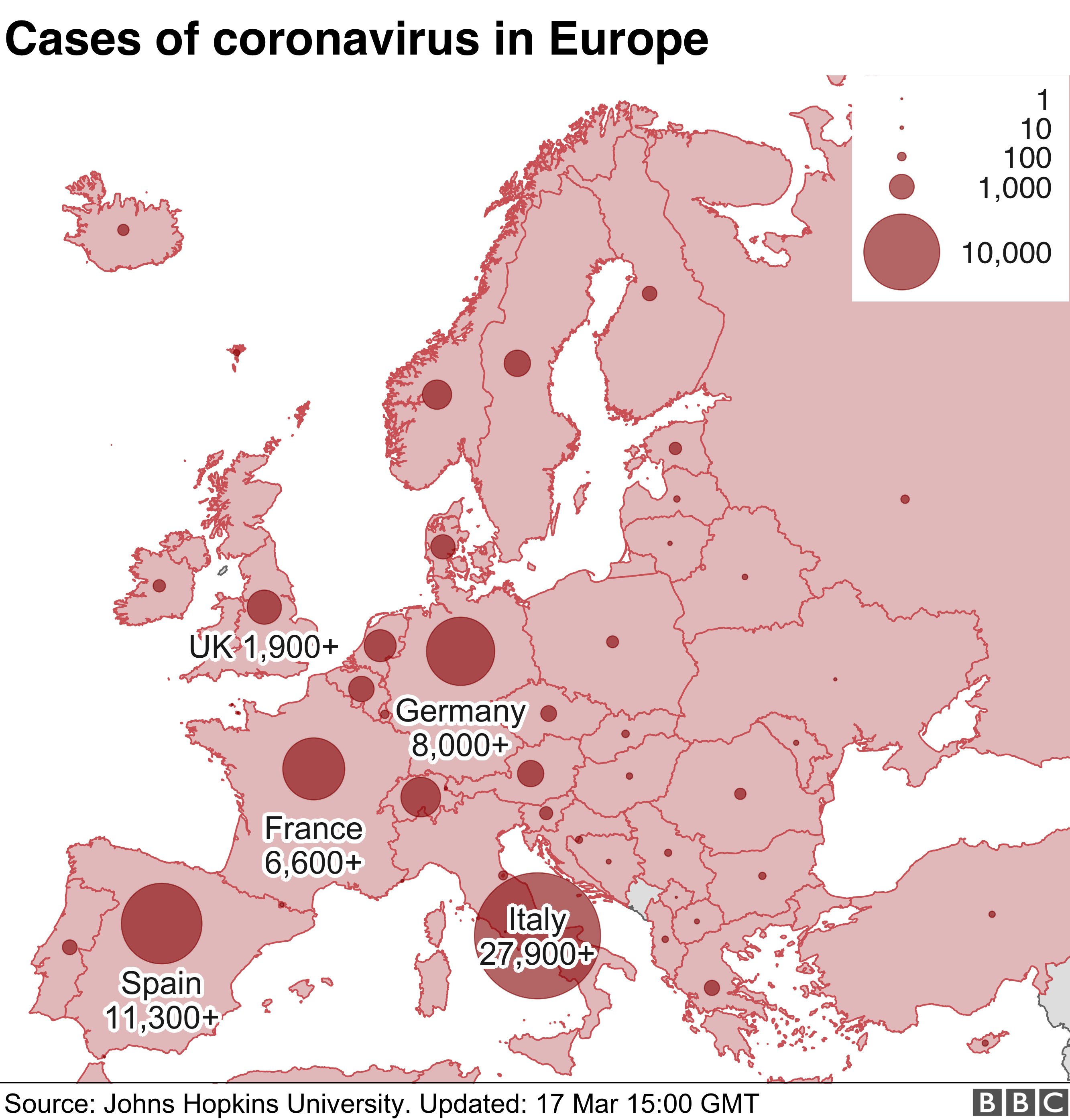 Map of Europe showing rising numbers of cases - 17 March