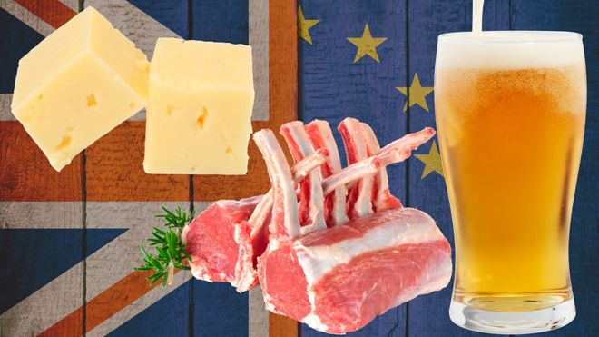 Cheese, chops and beer over UK/EU flag background