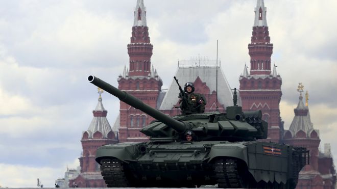 Russian military vehicle performs during a rehearsal for the Victory Day military parade at Red Square in Moscow, Russia on May 07, 2021.