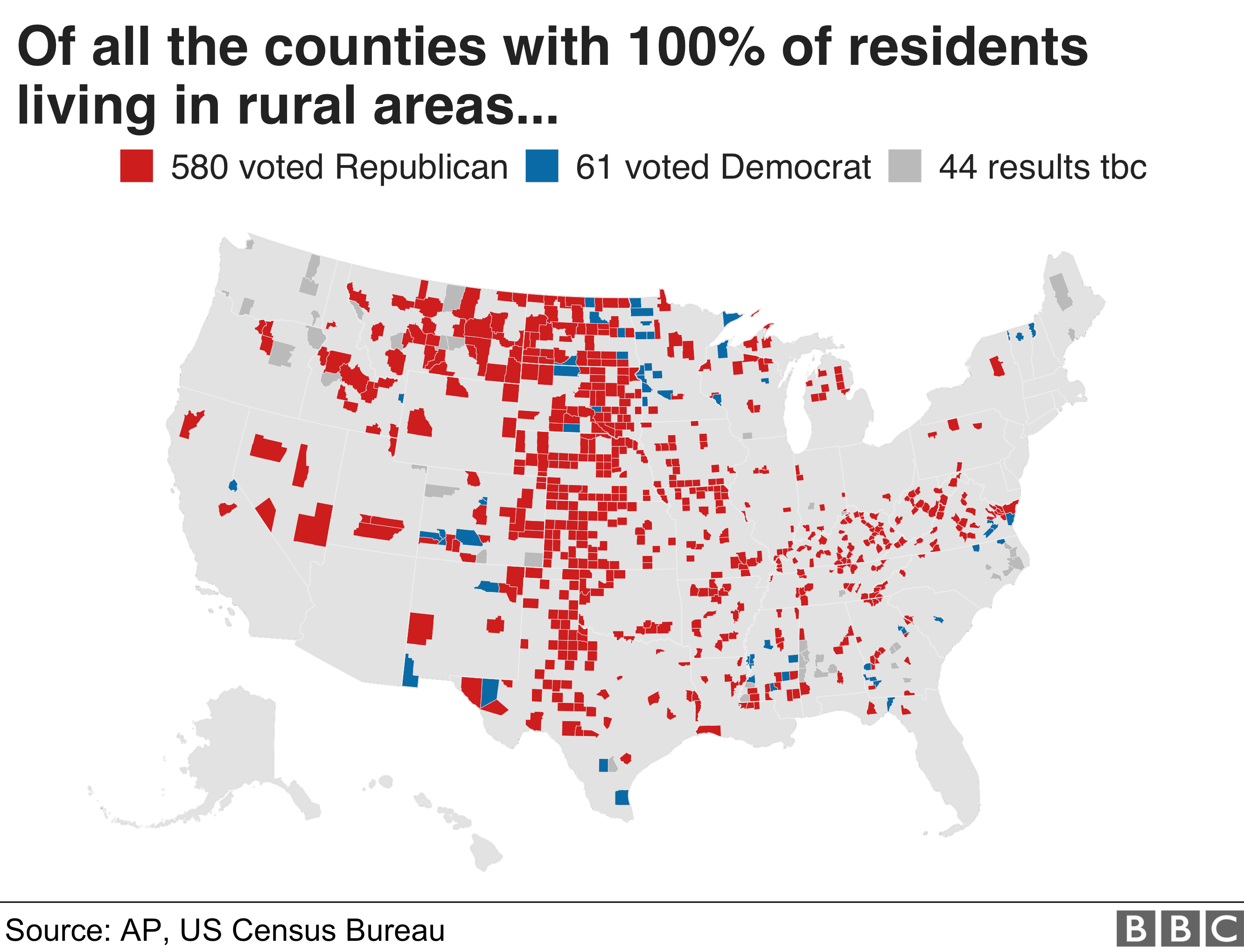 Карта, показывающая поддержку республиканцев в сельской местности