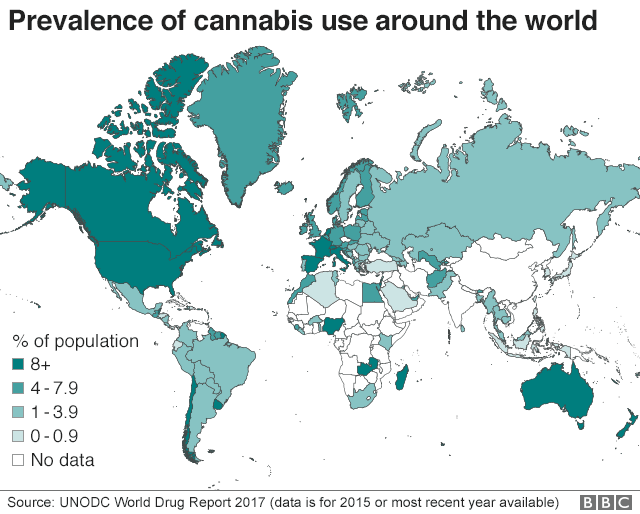 Карта, показывающая распространенность употребления каннабиса в мире в процентах