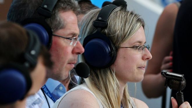 Vicki Sparks commentating on Portugal v Morocco