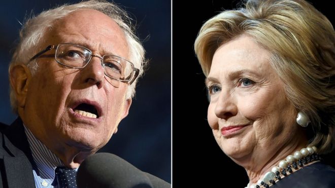 This combination of file photos shows Democratic presidential hopefuls Bernie Sanders(L)on March 31, 2016 and Hillary Clinton on March 30, 2016,