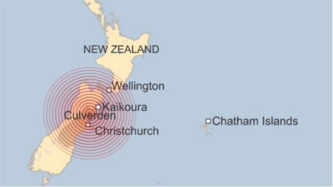Карта Новой Зеландии, показывающая масштаб землетрясения в Каикоуре