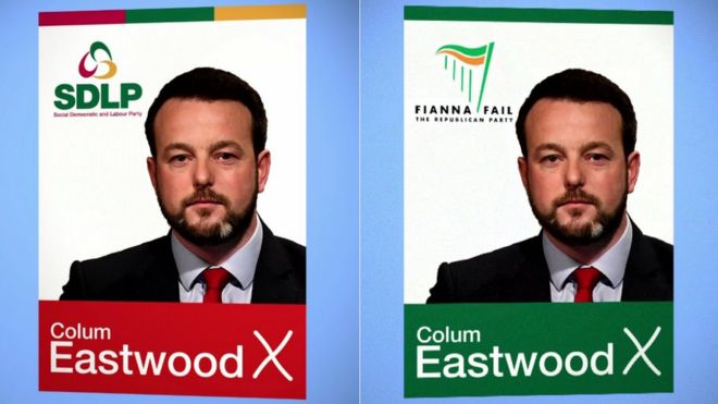 Колум Иствуд на предвыборных плакатах для SDLP и для Fianna FA'il