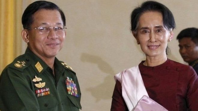 آنگ سانگ سوچی اور میانمار کی فوج کے سربراہ من لانگ ہیلانگ