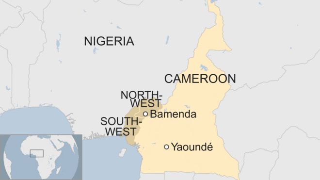 Карта, показывающая две англоязычные области Камеруна