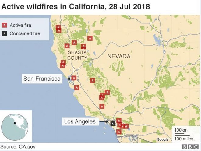 Карта, показывающая местонахождение лесных пожаров в Калифорнии 28 июля 2018 года