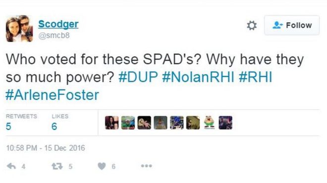 Tweet от Scodger: Кто голосовал за эти SPAD? Почему они так много власти? #DUP #NolanRHI #RHI #ArleneFoster