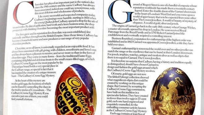 Яйца можно было найти, разгадав улики, которые были спрятаны в книге Дон Шоу «Загадка», «Тайна кремового яйца Кэдбери».