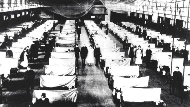 Pacientes em camas durante a gripe espanhola
