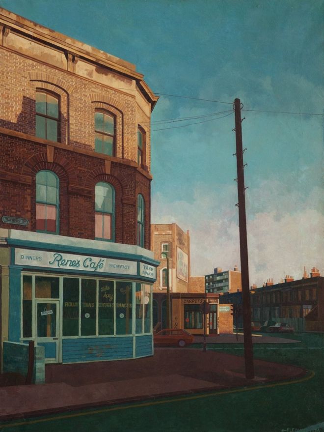 Картина фасада кафе и дороги, написанная Дорин Флетчер