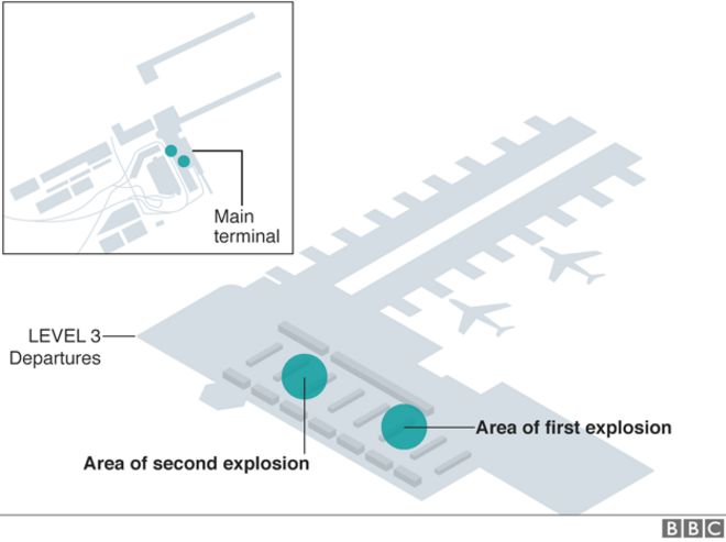 Карта аэропорта Брюсселя, показывающая, где произошли взрывы в главном терминале