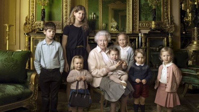 The Queen with her great-grandchildren and youngest grandchildren (From left: James, Viscount Severn, Lady Louise, Mia Tindall, Princess Charlotte, Isla Phillips, Prince George and Savannah Phillips