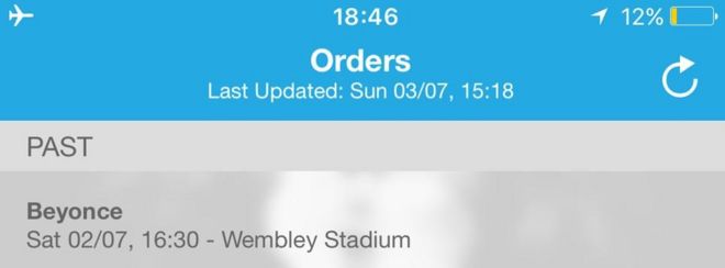 Фотография уведомления приложения Ticketmaster о том, что билеты были на субботу 2 июля на стадионе Уэмбли.