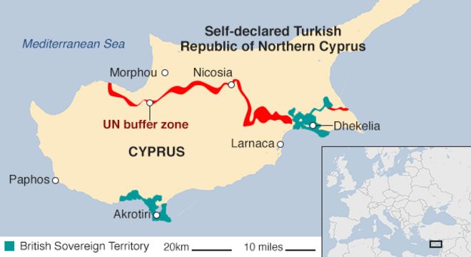 Карта Кипра с указанием турецкой и кипрской сторон