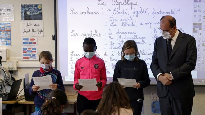 French Prime Minister Jean Castex attends a homage to slain teacher Samuel Paty at a school in Conflans-Sainte-Honorine, France November 2, 2020. Thomas Coex/Pool via REUTERS