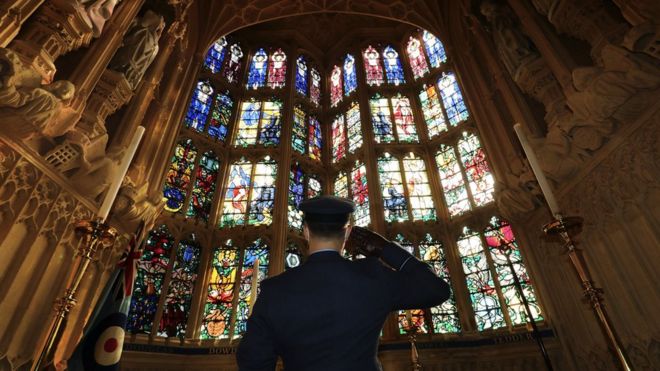 A member of the armed forces attends a service to mark the 80th anniversary of the Battle of Britain at Westminster Abbey on 20 September