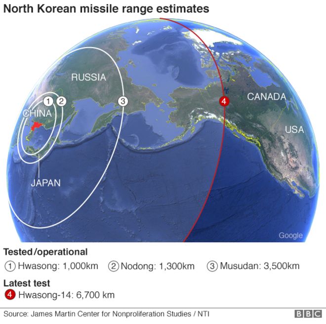 Карта, показывающая оценки дальности северокорейских ракет