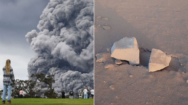 Шлейф пепла, извергающийся с горы Килауэа на Гавайях, и некоторые «баллистические блоки»; это извергло