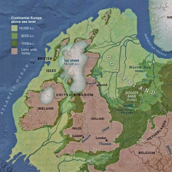 Карта, показывающая землю вокруг Британии и как она была потеряна для моря за тысячелетия