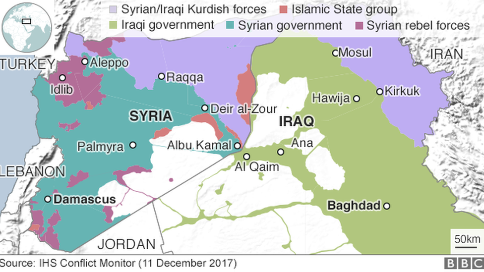 Карта, показывающая контроль над Сирией и Ираком (11 декабря 2017 года)