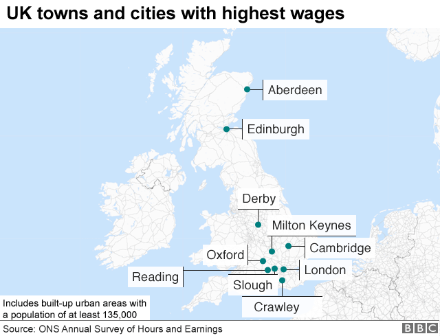 Города Великобритании и города с самой высокой заработной платой