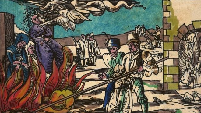 Witches burn at the stake in this German illustration from the 16th century