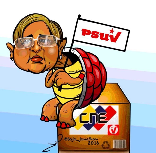 Тибисай Лусена изображена в карикатуре как черепаха, махающая флагом правящей партии PSUV