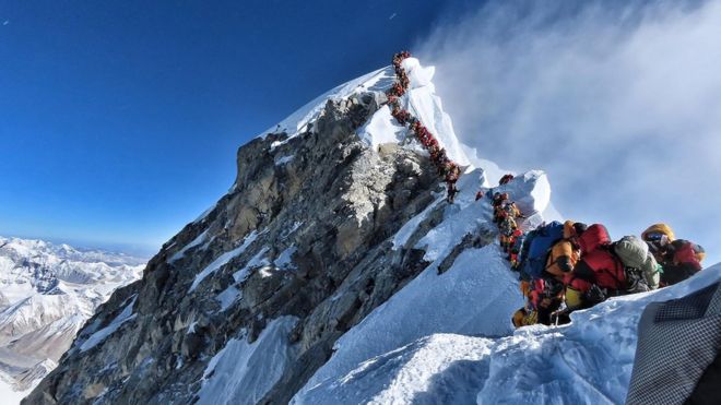 Вирусная фотография с прошлого месяца двух рядов альпинистов, одновременно поднимающихся и спускающихся недалеко от вершины горы Эверест