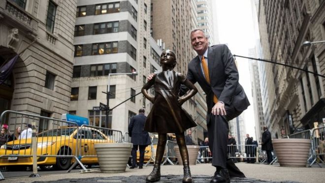 Девушки стоят рядом с Fearless Girl. Фото: 27 марта 2017 г.