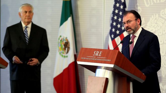 US Secretary of State Rex Tillerson (L) and Mexico's Foreign Secretary Luis Videgaray delivers a statement at the Ministry of Foreign Affairs in Mexico City