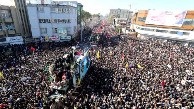 Large crowds in the Iranian town of Kerman for the funeral of late military commander Qasem Soleimani