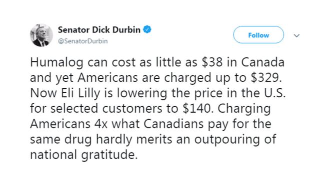 Сенатор Дик Дурбин написал в Твиттере о том, что Хумалог стоит в 4 раза дороже в США
