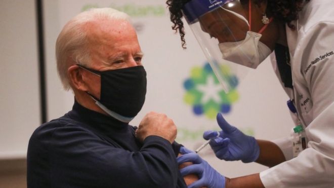 US President-elect Joe Biden receives a dose of a vaccine against the coronavirus disease at a Delaware hospital