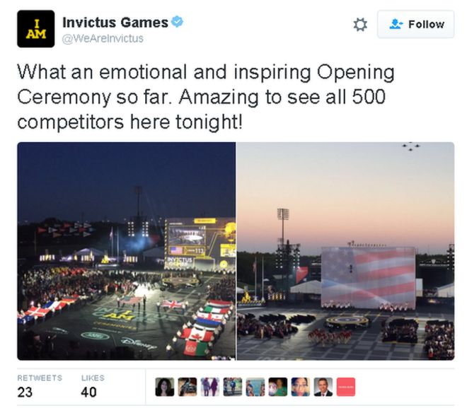 Tweet @weareinvictus: Какая эмоциональная и вдохновляющая церемония открытия. Удивительно видеть всех конкурентов здесь сегодня вечером!
