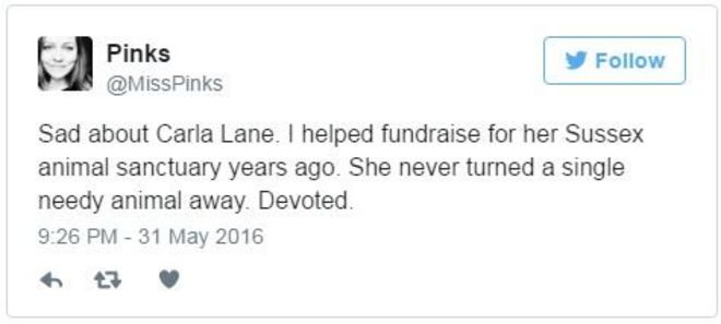 @MissPinks твиты: грустно о Карла Лейн. Я помог собрать средства для ее приюта для животных в Сассексе много лет назад. Она никогда не отвергала ни одного нуждающегося животного. Посвященный.