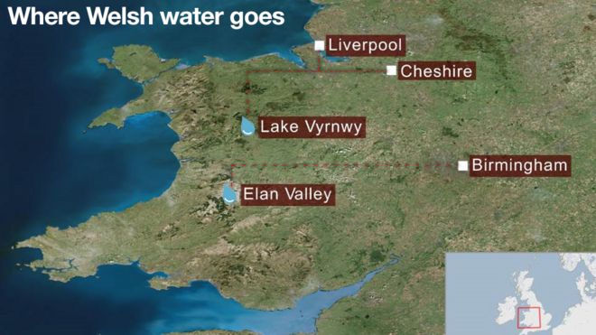Карта, показывающая, куда идет валлийская вода