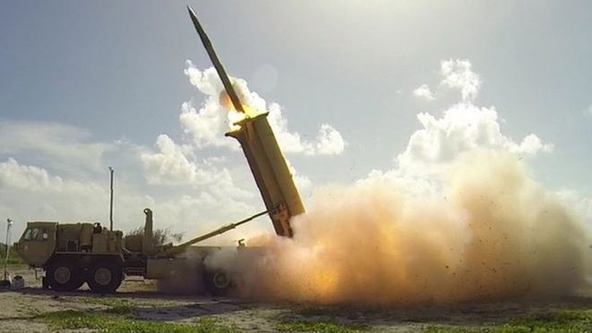 This handout photo taken on November 1, 2015 and received by the US Department of Defense/Missile Defense Agency shows a terminal High Altitude Area Defense (THAAD) interceptor being launched from a THAAD battery.