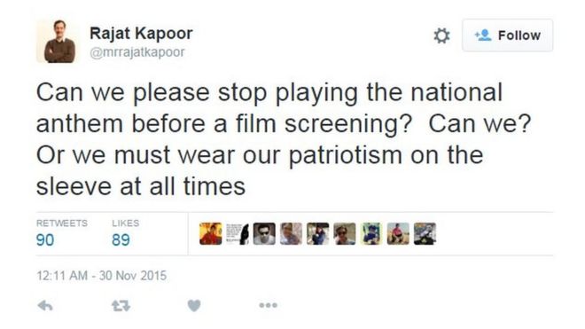 Раджат Капур: Можем ли мы прекратить исполнять государственный гимн перед показом фильма? Мы можем?