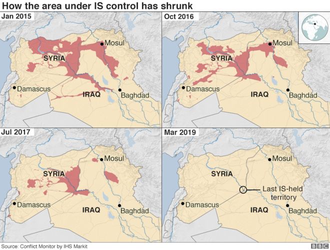 Карта, показывающая сокращающуюся территорию ИГ в Сирии
