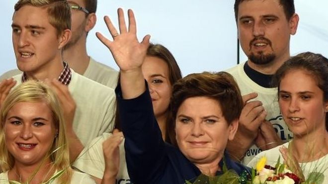 Beata Szydlo, candidate for prime minister, celebrates with supporters at the party's headquarters in Warsaw after exit poll results were announced (25 October 2015)