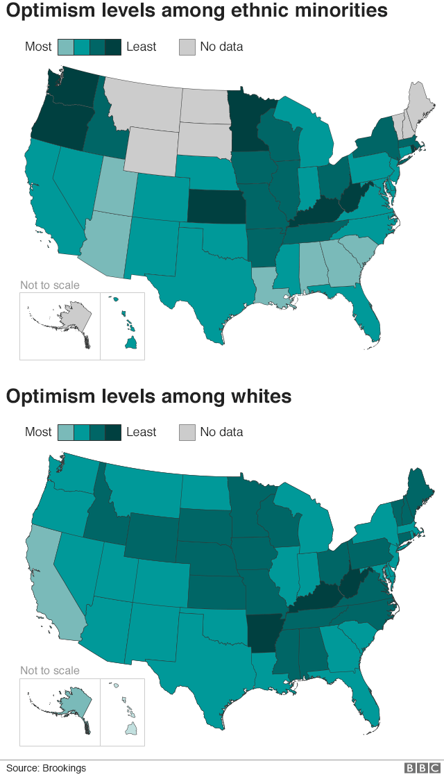 Карта, показывающая уровни оптимизма для белых и этнических меньшинств в США